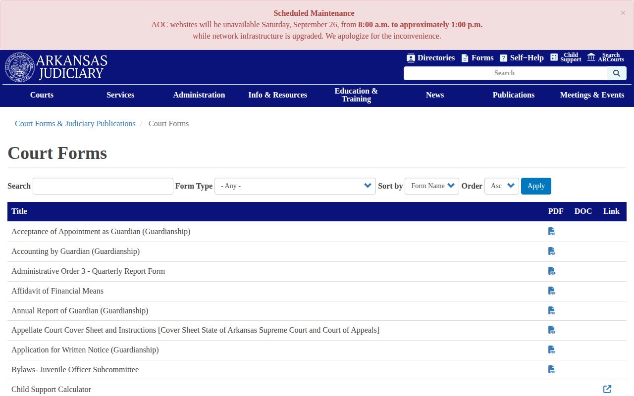 Arkansas court forms page with searchable filing forms