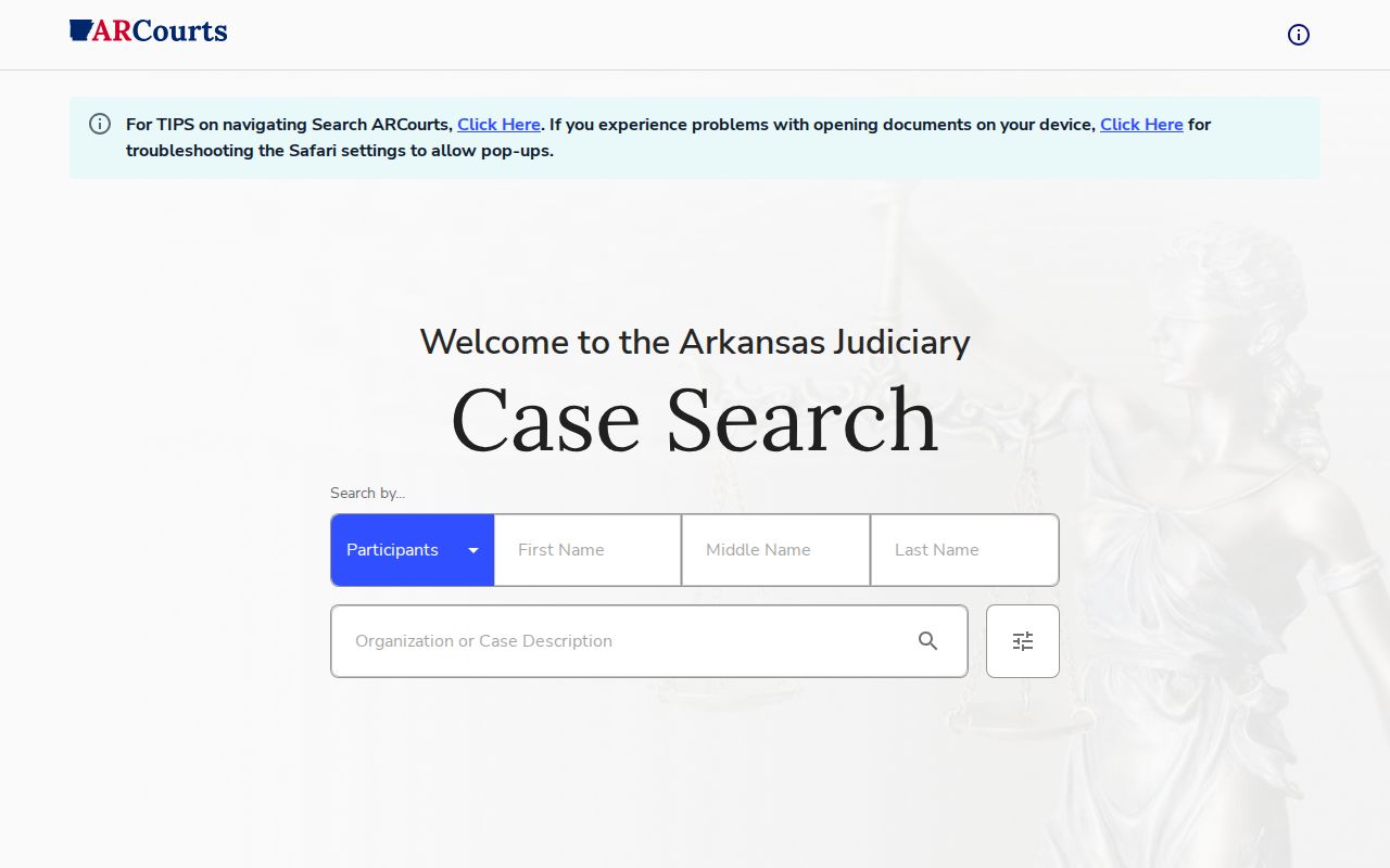 Arkansas court case search interface for checking filings and case disposition