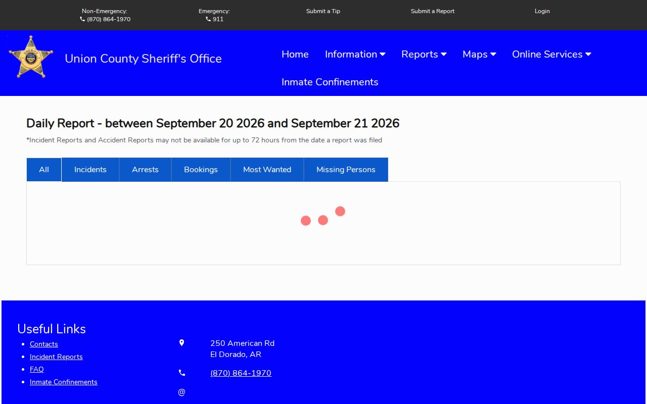 Arkansas county daily report interface with separate arrests and bookings tabs