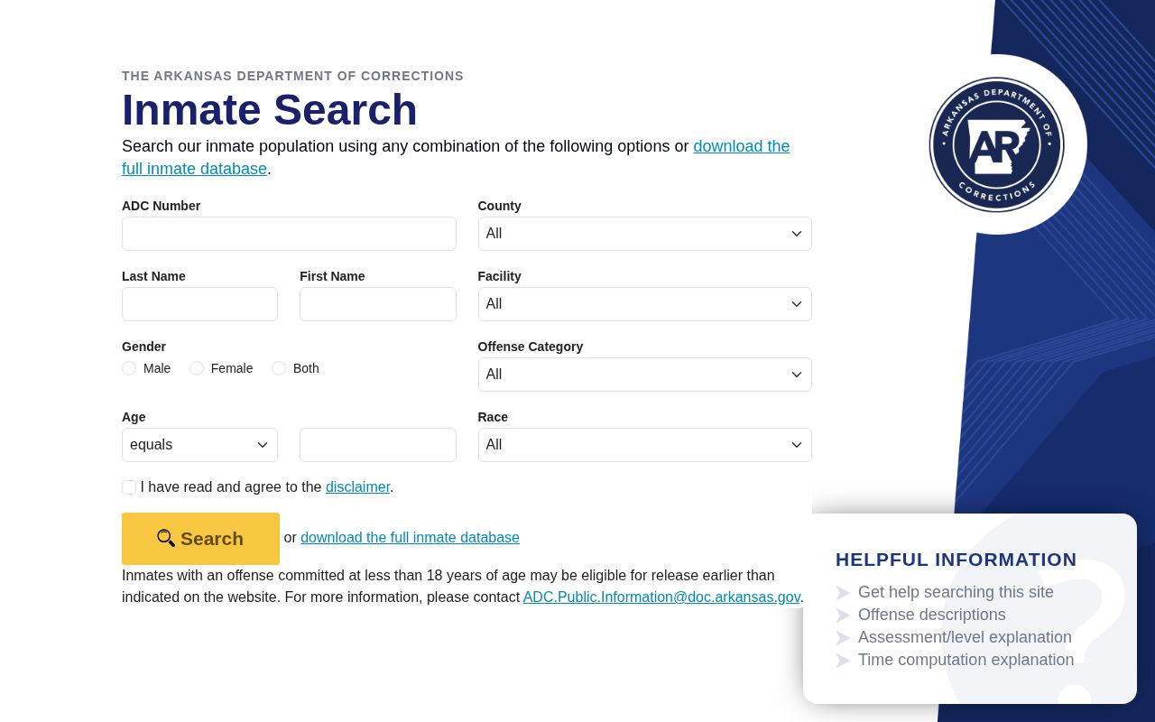 Arkansas Division of Correction inmate search form with county and facility fields