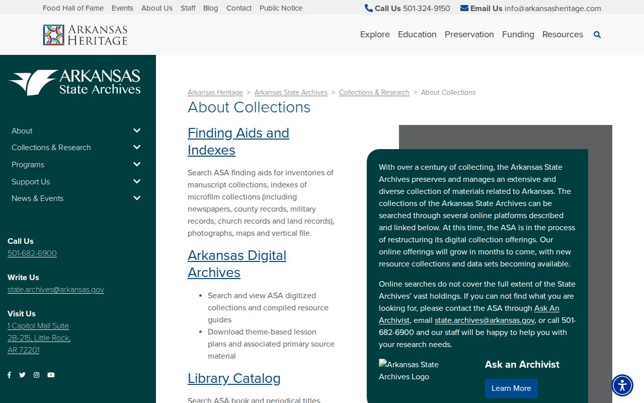 Arkansas State Archives historical collections and finding aids