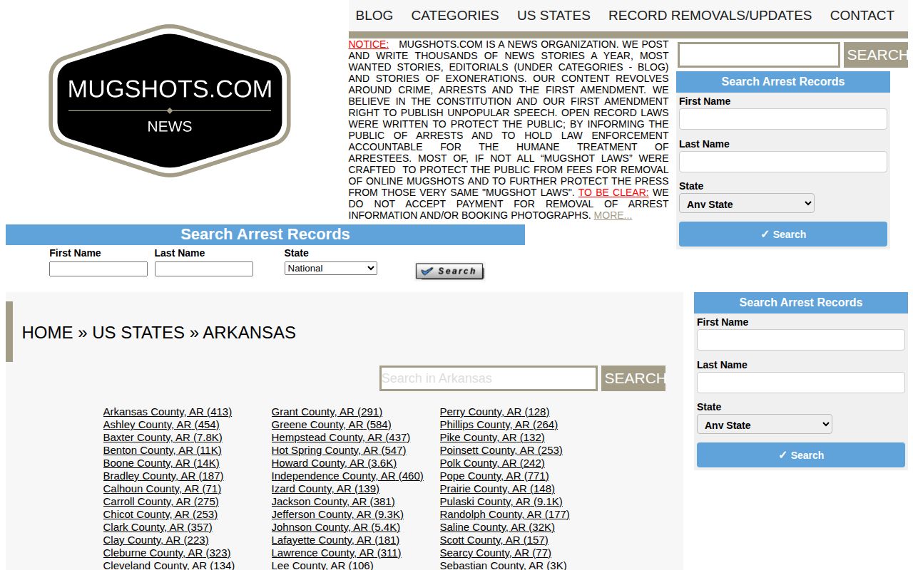 Arkansas mugshot publisher state landing page, shown without individual booking results